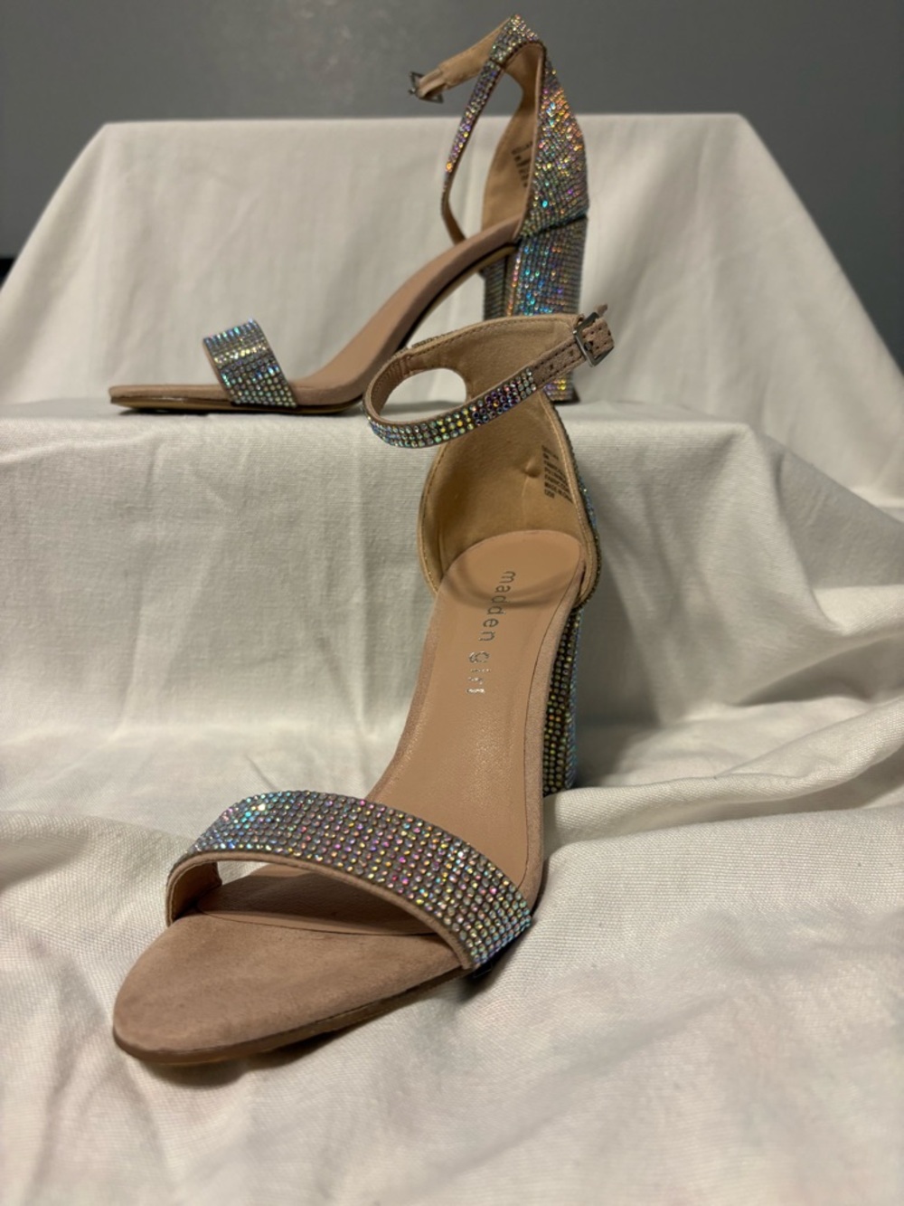 Madden Girl Iridescent Crystal Nude Block Heel Sandals